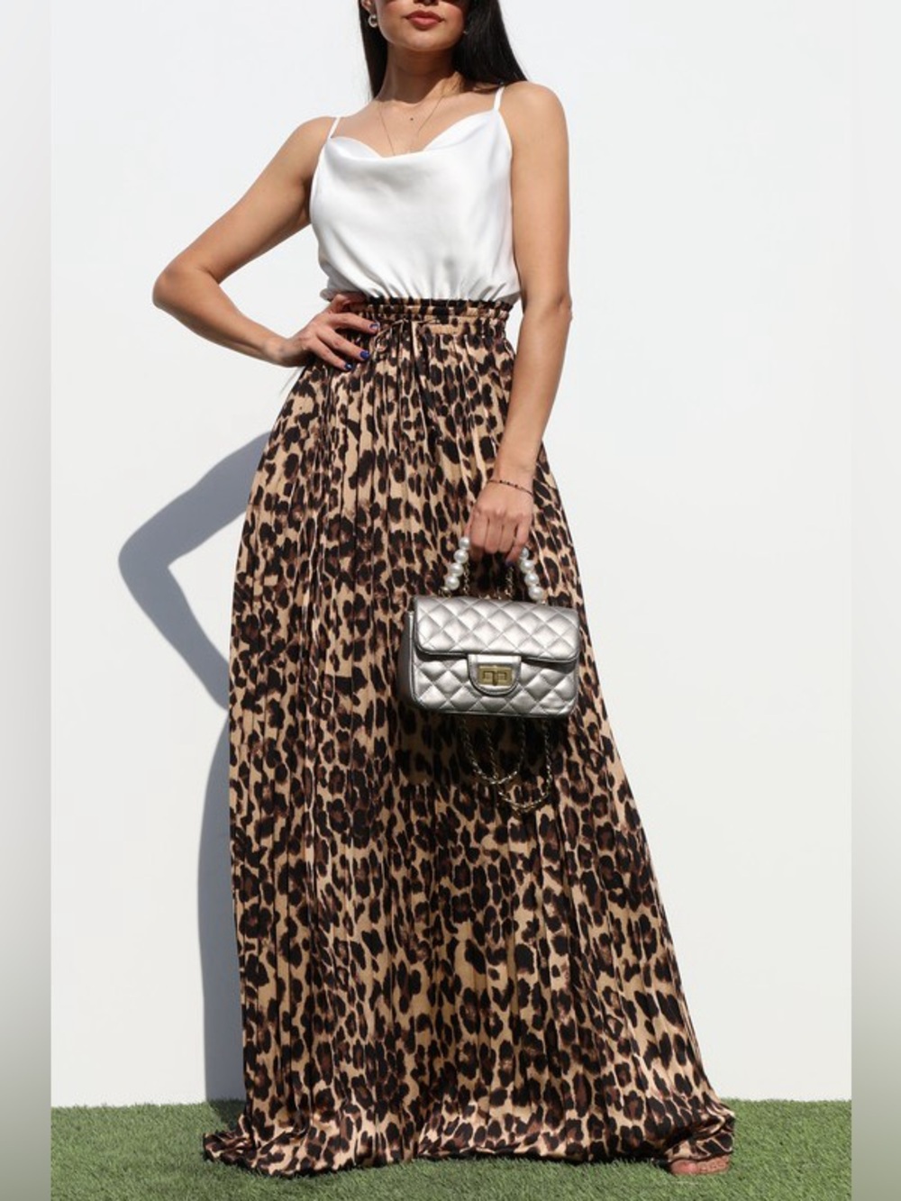 Leopard Satin Maxi Dress | Elegant Cowl Neck Designer Look